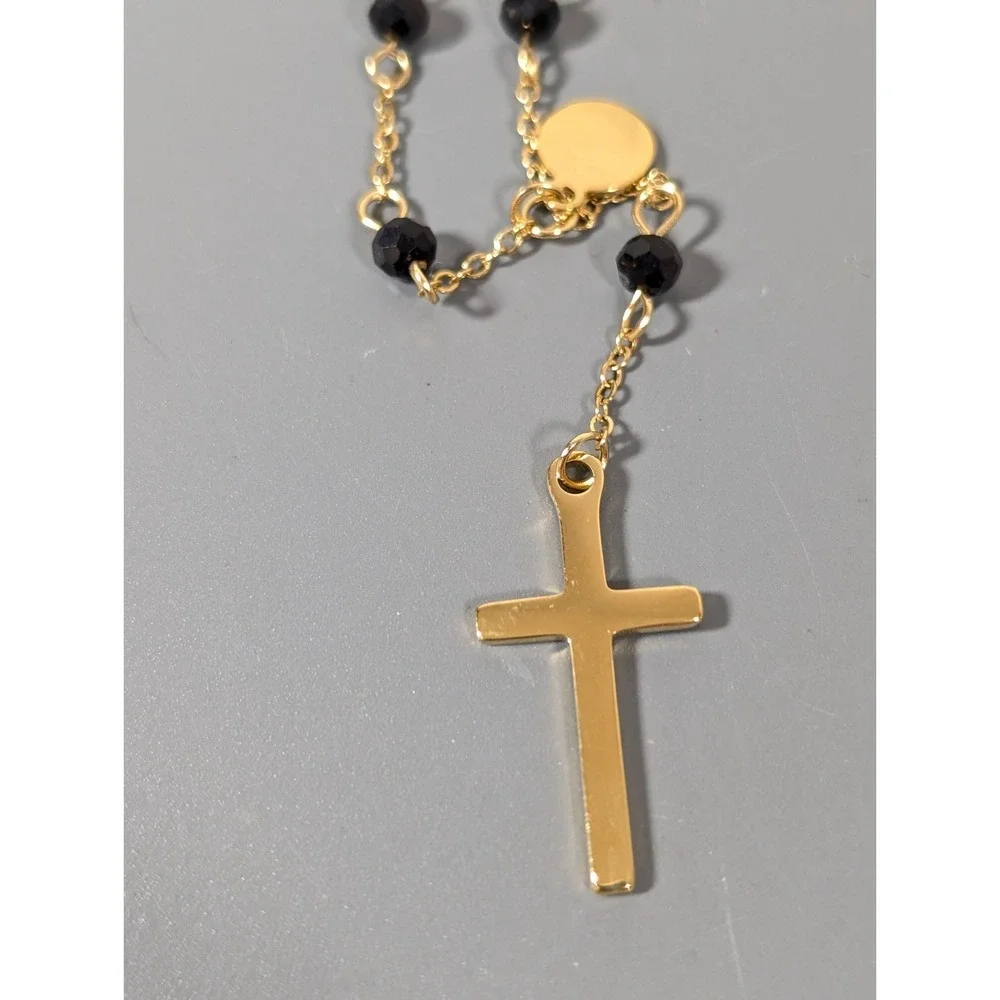 Gold Tone Black Glass Bead Y Neckalce Cross‎ Pendant Lariat Elegant 20 in